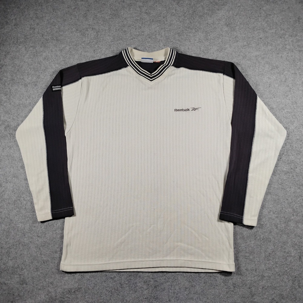 Vintage Reebok Athletic Men's Cream Black Ribbed V-Neck Pullover Shirt Size L